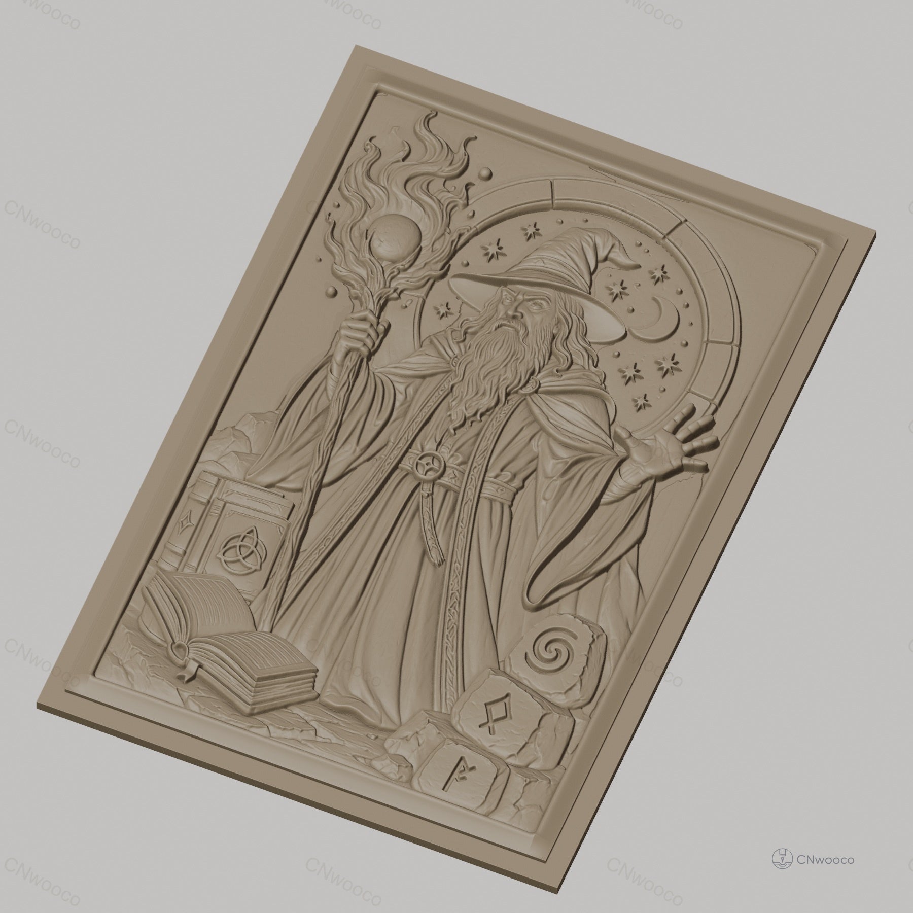 Fichier CNC & impression 3D magicien, bâton magique, livres anciens, symboles mystiques, haute qualité relief STL