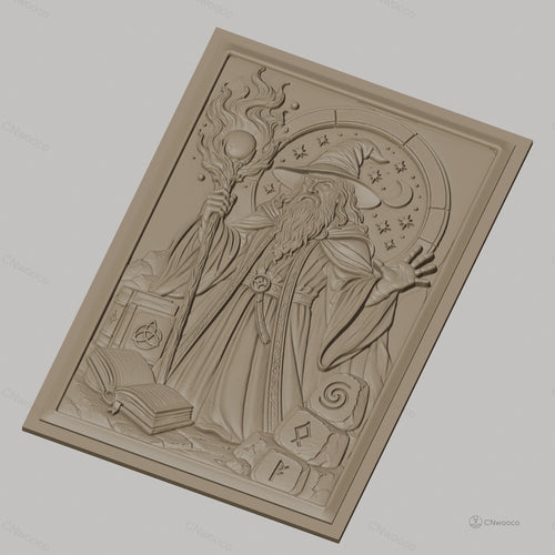 Fichier CNC & impression 3D magicien, bâton magique, livres anciens, symboles mystiques, haute qualité relief STL