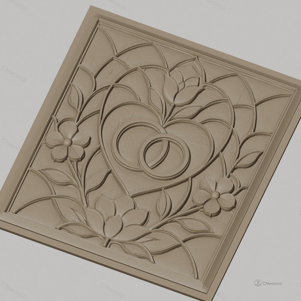 Fichier CNC & impression 3D mariage, cœurs entrelacés et fleurs, haute qualité relief STL