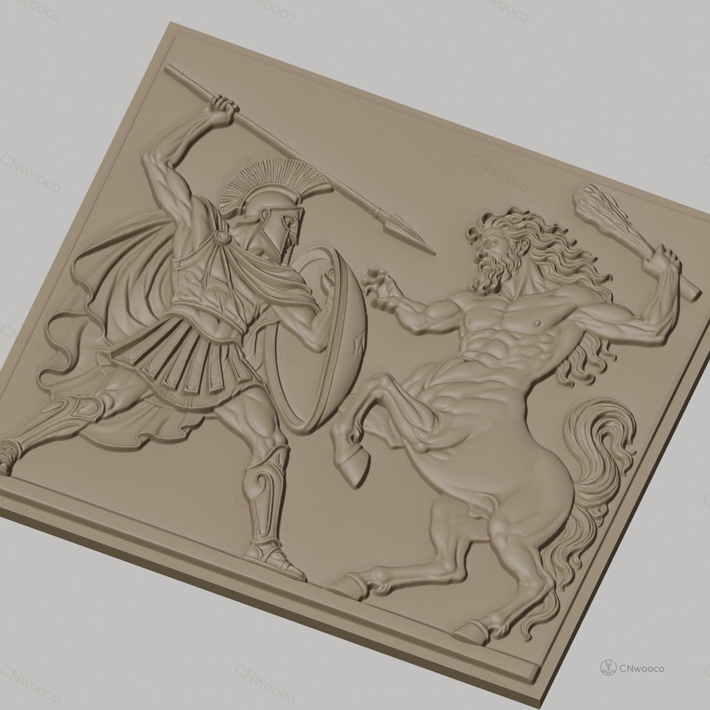 Fichier CNC & impression 3D guerrier spartiate et centaure, scène mythologique grecque, haute qualité relief STL