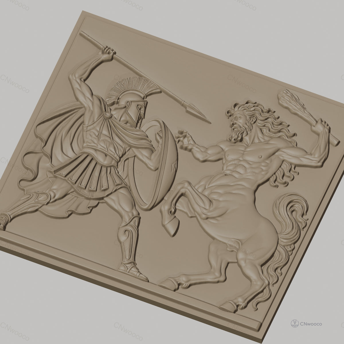 Fichier CNC & impression 3D guerrier spartiate et centaure, scène mythologique grecque, haute qualité relief STL