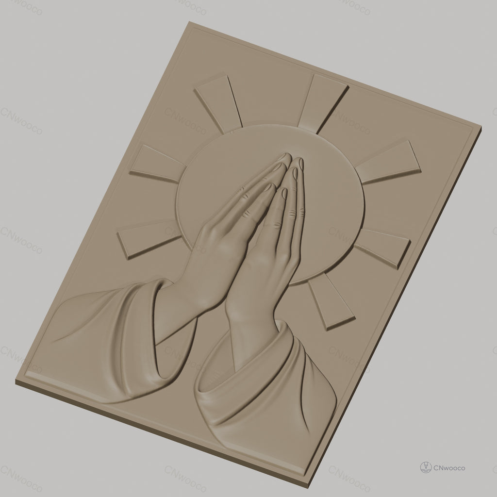 Fichier CNC & impression 3D mains en prière, auréole rayonnante, haute qualité relief STL
