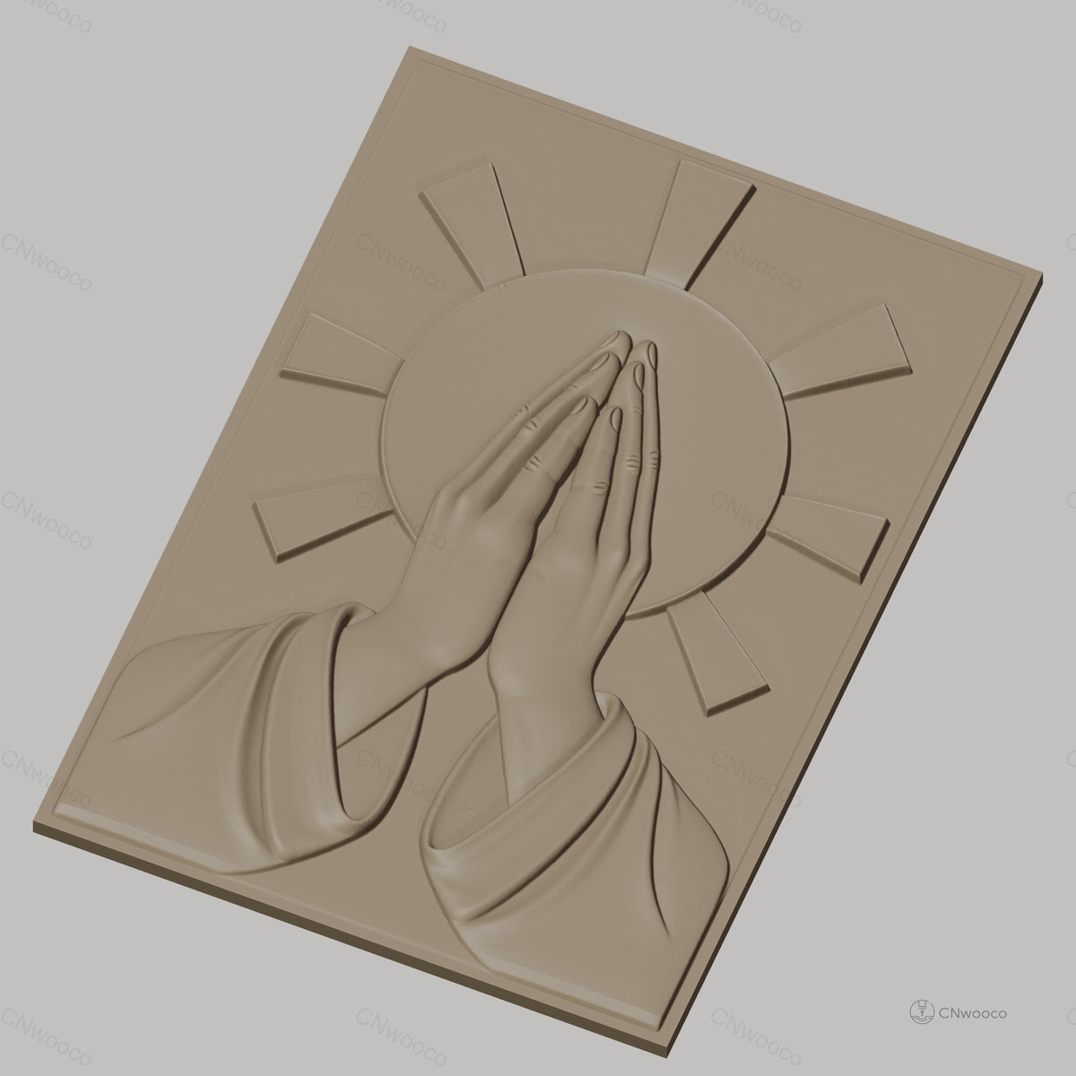 Fichier CNC & impression 3D mains en prière, auréole rayonnante, haute qualité relief STL