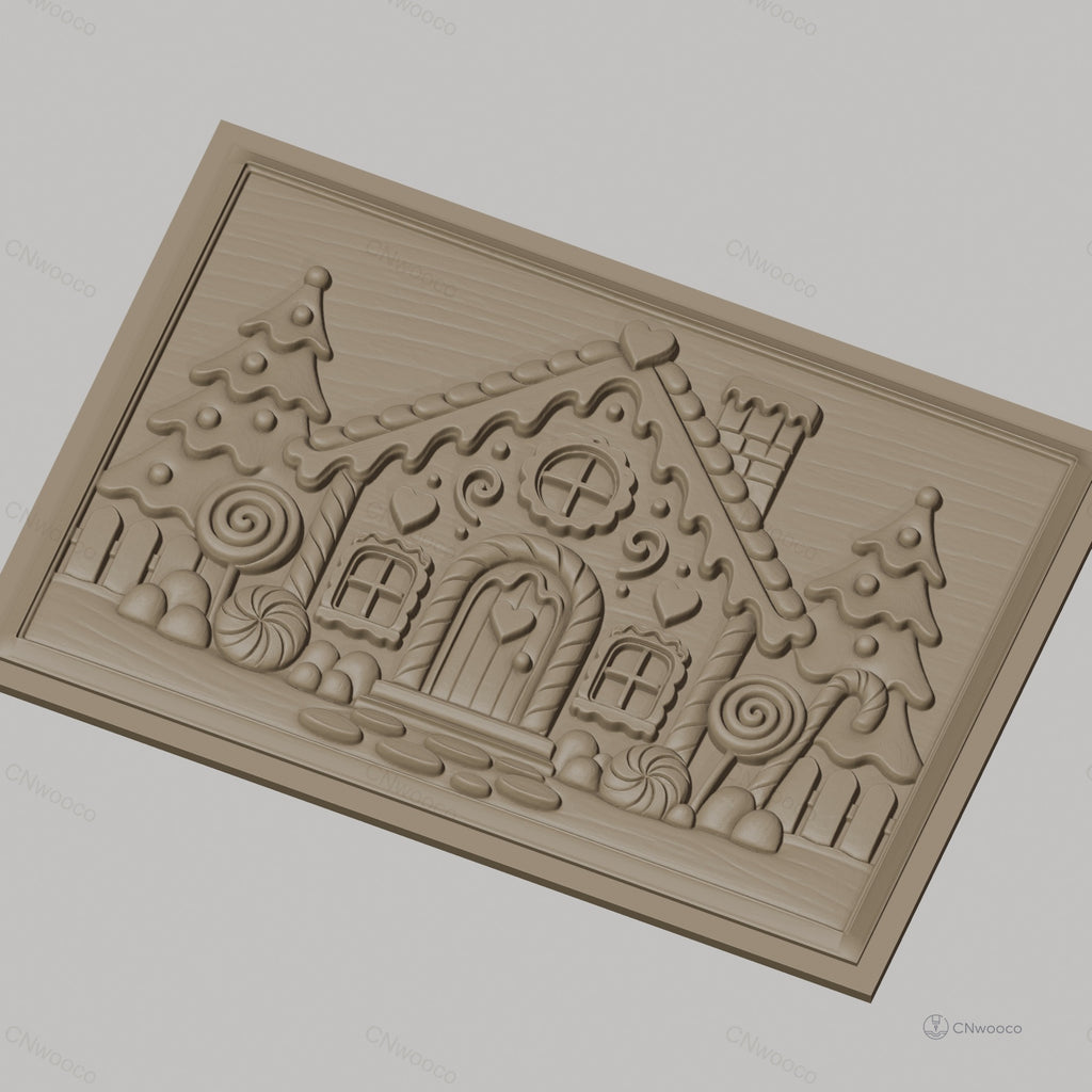Fichier CNC & impression 3D Maison en pain d'épices, sapins, bonbons et cheminée, haute qualité relief STL