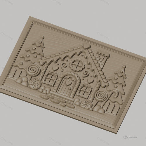 Fichier CNC & impression 3D Maison en pain d'épices, sapins, bonbons et cheminée, haute qualité relief STL