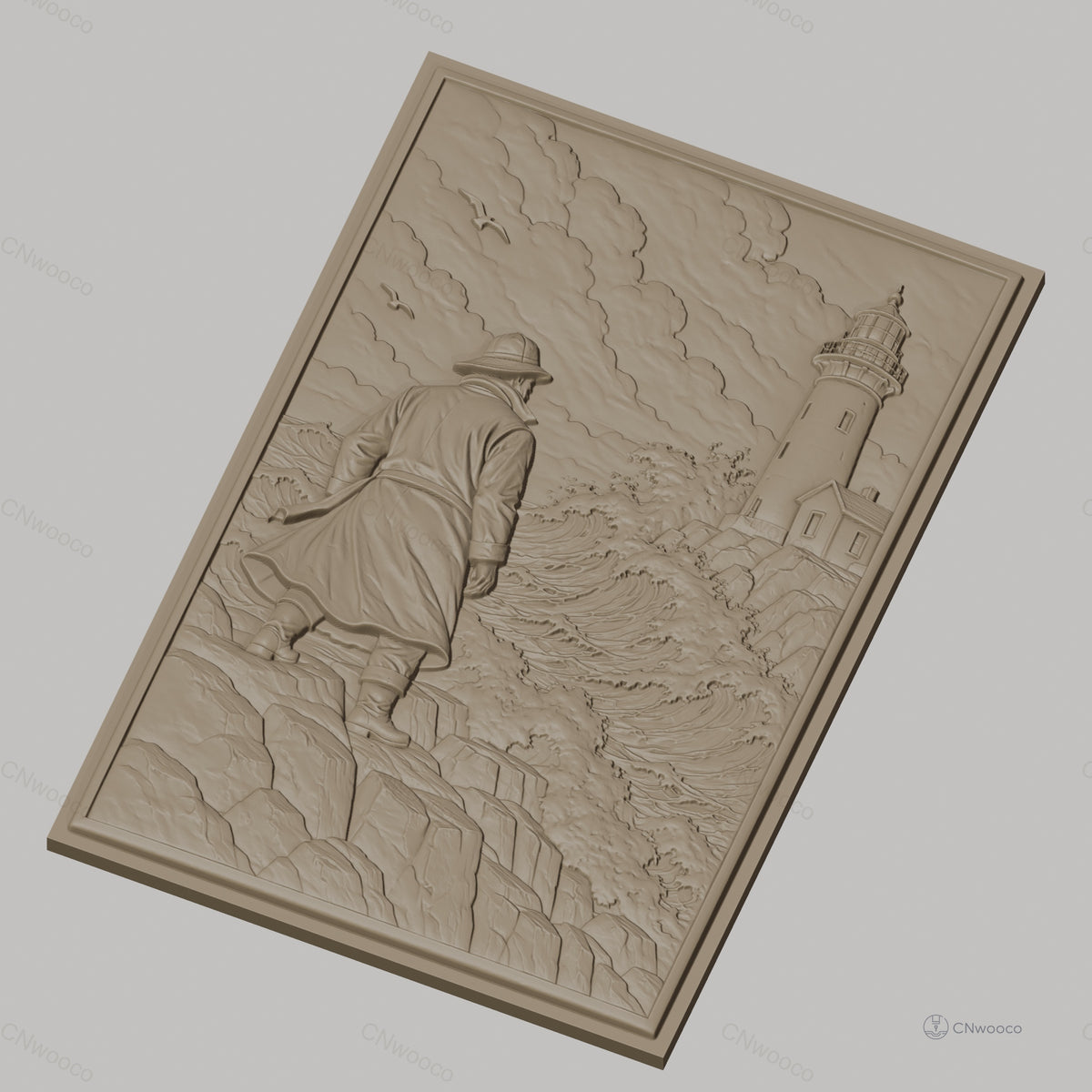 Fichier CNC & impression 3D marin, homme en imperméable regardant phare et mer agitée, haute qualité relief STL