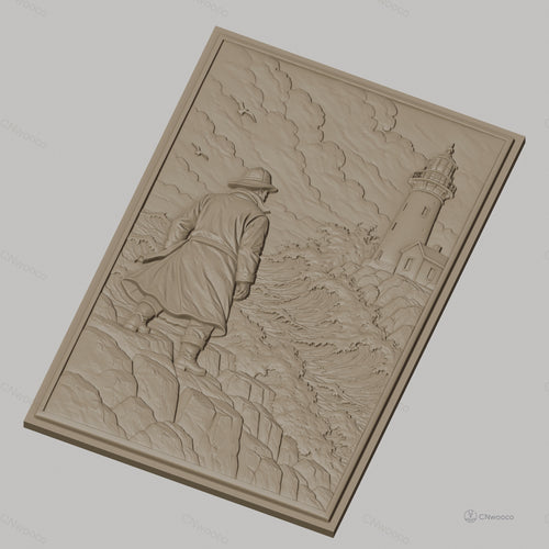 Fichier CNC & impression 3D marin, homme en imperméable regardant phare et mer agitée, haute qualité relief STL