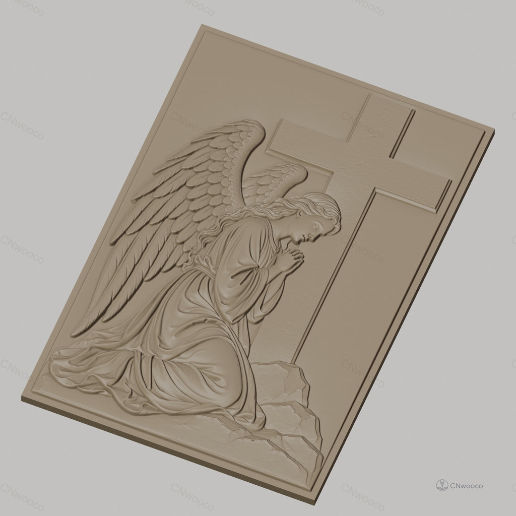 Fichier CNC & impression 3D ange en prière avec croix, relief religieux détaillé, haute qualité relief STL