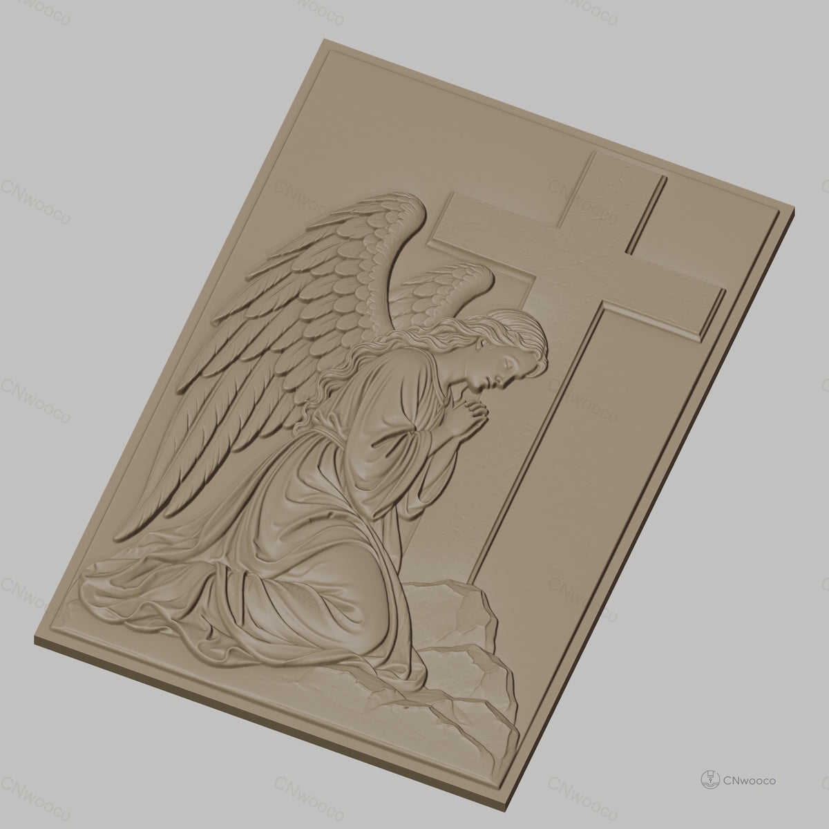 Fichier CNC & impression 3D ange en prière avec croix, relief religieux détaillé, haute qualité relief STL