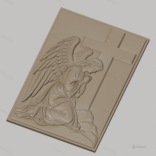 Fichier CNC & impression 3D ange en prière avec croix, relief religieux détaillé, haute qualité relief STL