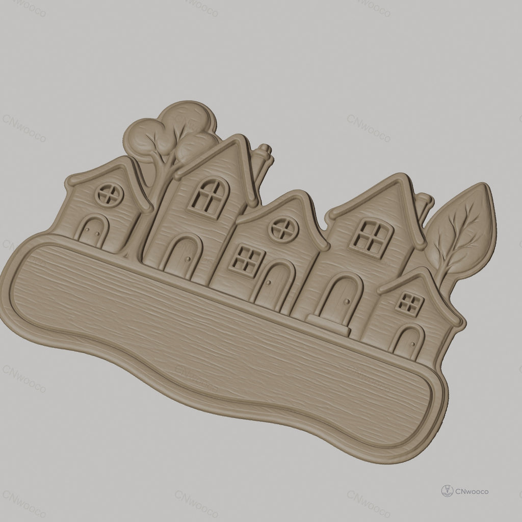 Fichier CNC & impression 3D plaque décorative village avec maisons et arbres, STL très haute qualité