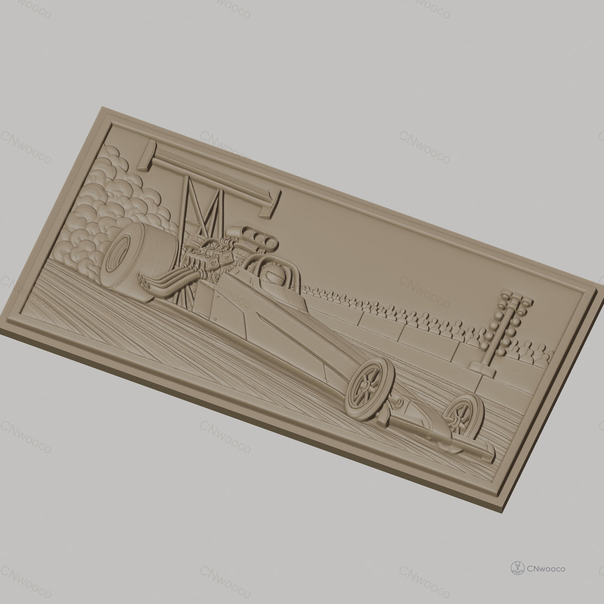 Fichier CNC & impression 3D voiture dragster, course, fumée et public, haute qualité relief STL