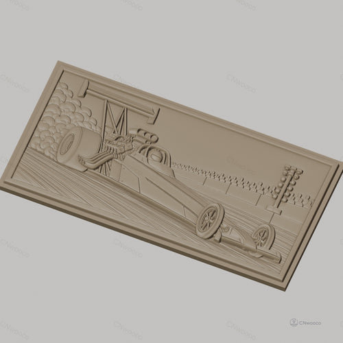 Fichier CNC & impression 3D voiture dragster, course, fumée et public, haute qualité relief STL