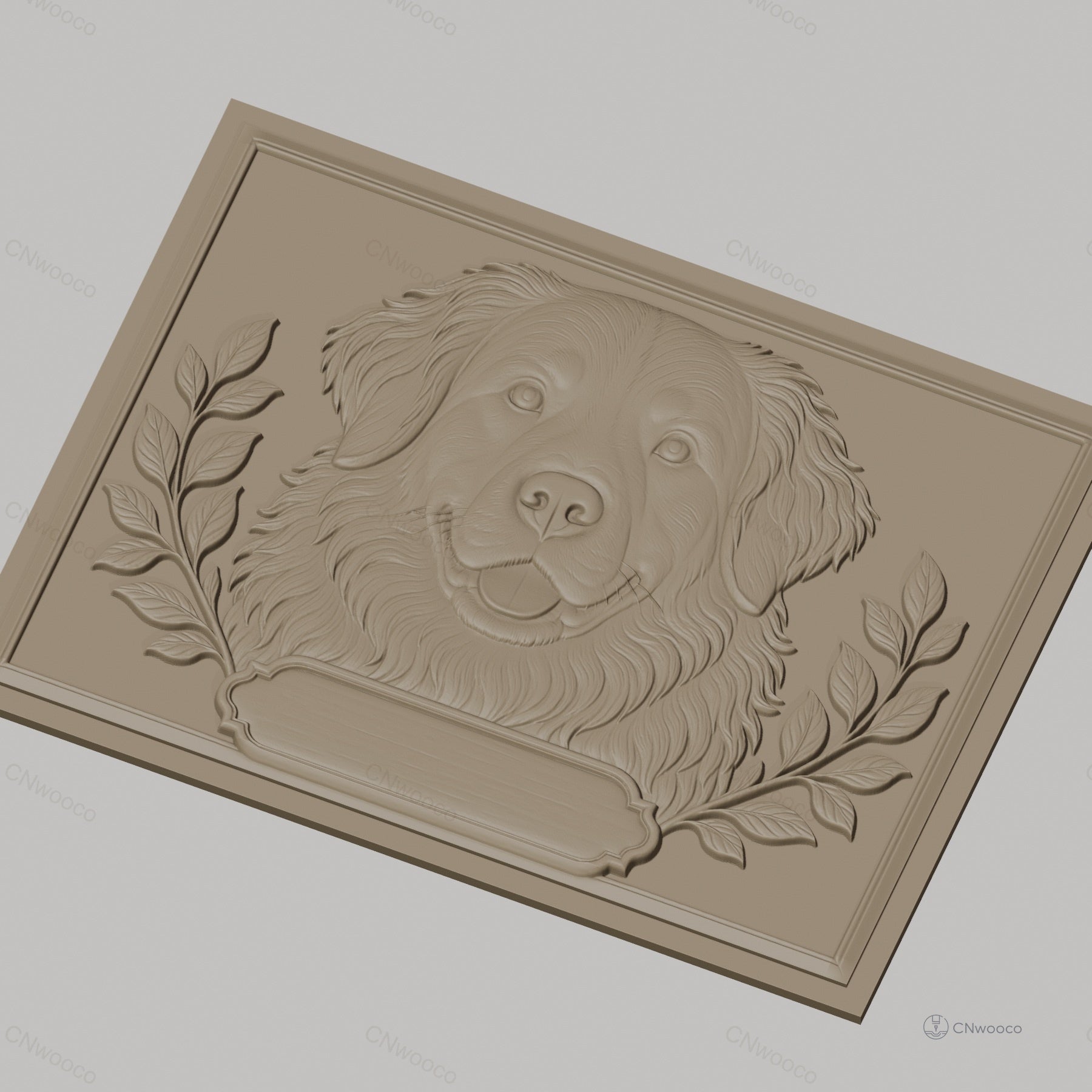 Fichier CNC & impression 3D chien Golden Retriever, visage détaillé avec feuillage, haute qualité relief STL