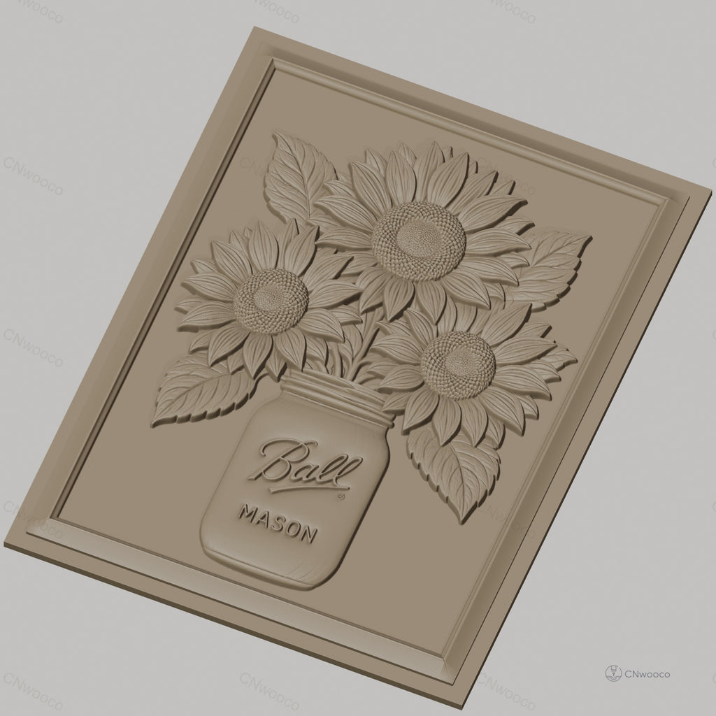 Fichier CNC & impression 3D bouquet de tournesols dans bocal Mason, relief floral haute qualité relief STL
