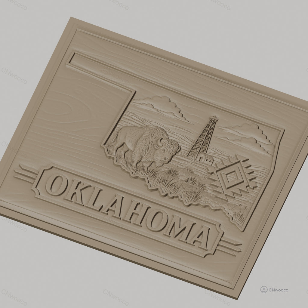Fichier CNC & impression 3D Oklahoma, bison, paysage, tour pétrolière, motif amérindien, haute qualité relief STL
