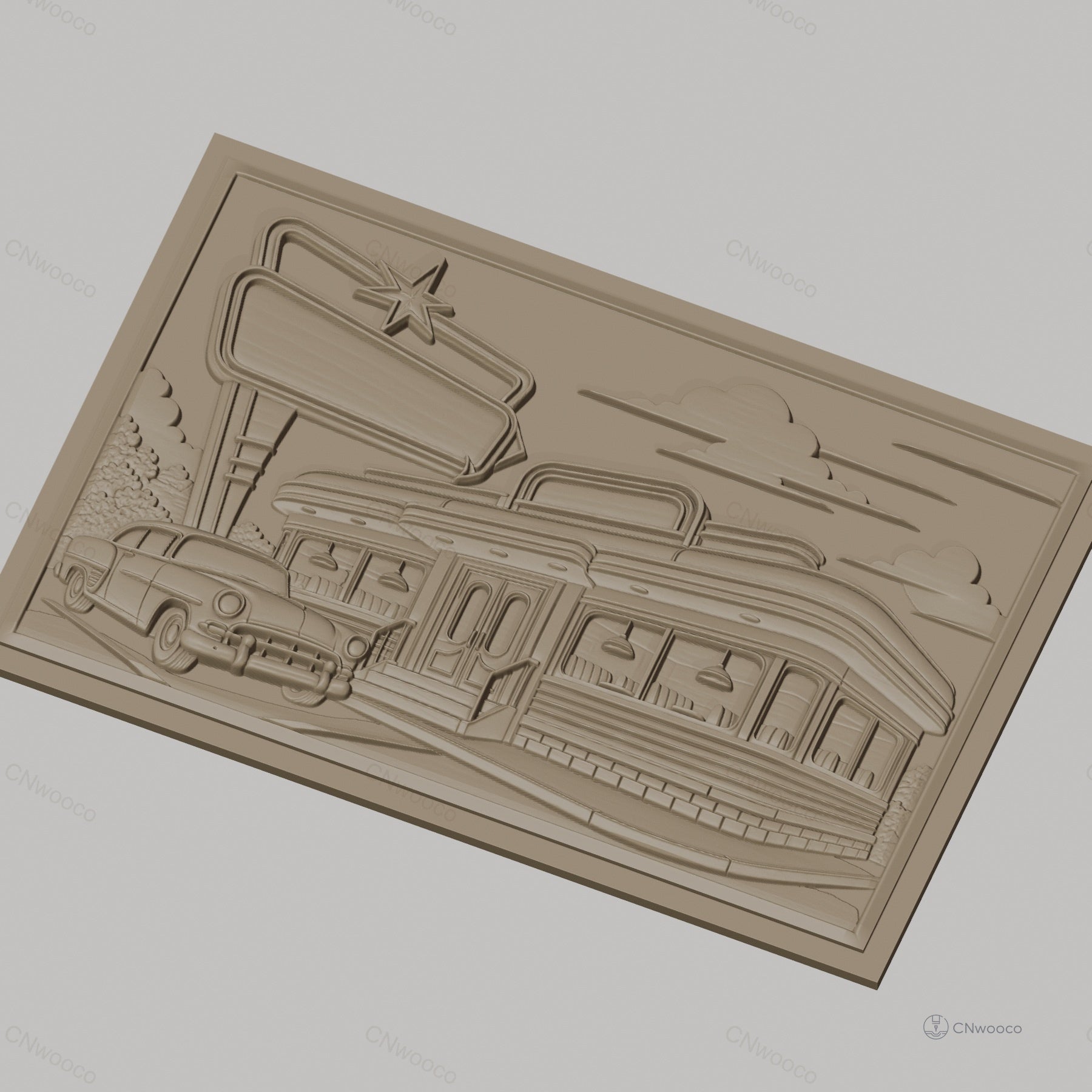 Fichier CNC & impression 3D Diner américain rétro, voiture vintage et enseigne, haute qualité relief STL