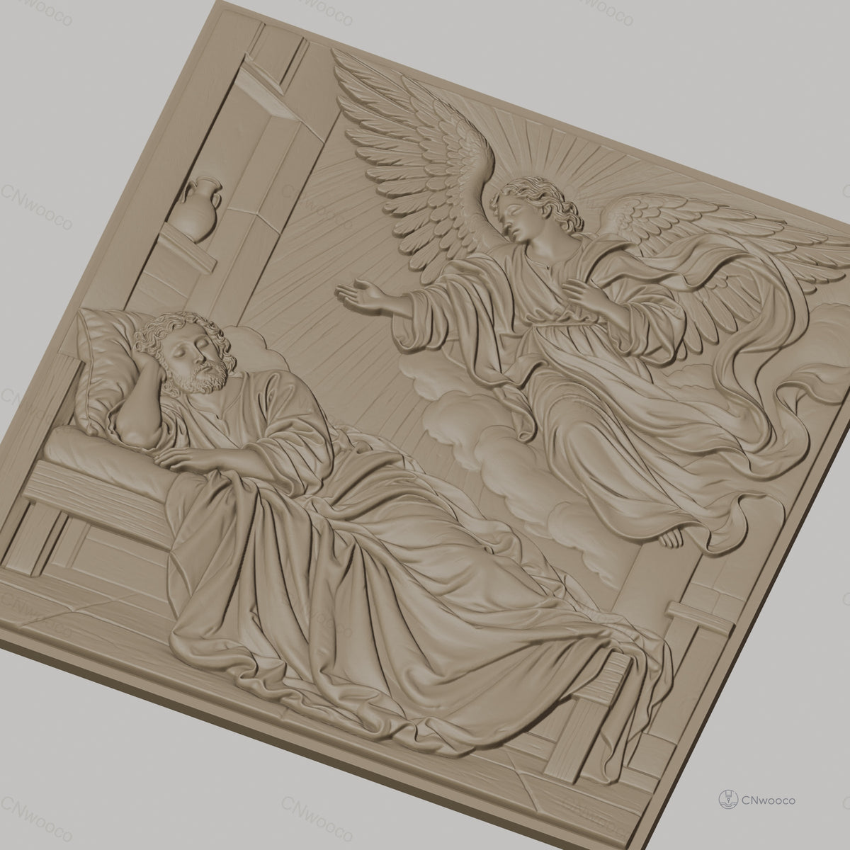 Fichier CNC & impression 3D ange visitant homme dormant, drapés et nuage, haute qualité relief STL