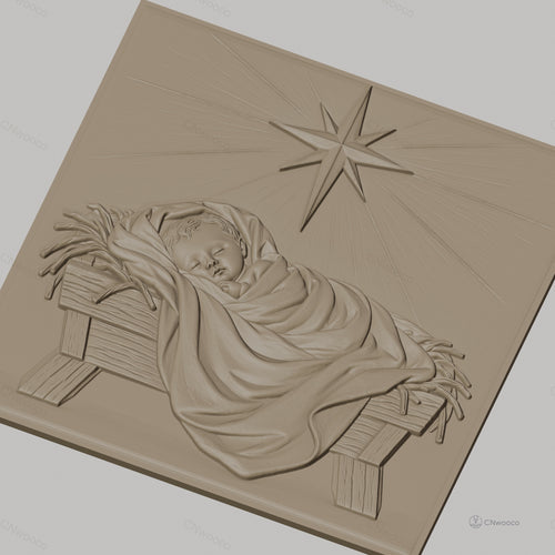 Fichier CNC & impression 3D naissance de Jésus, bébé dans la crèche avec étoile, haute qualité relief STL