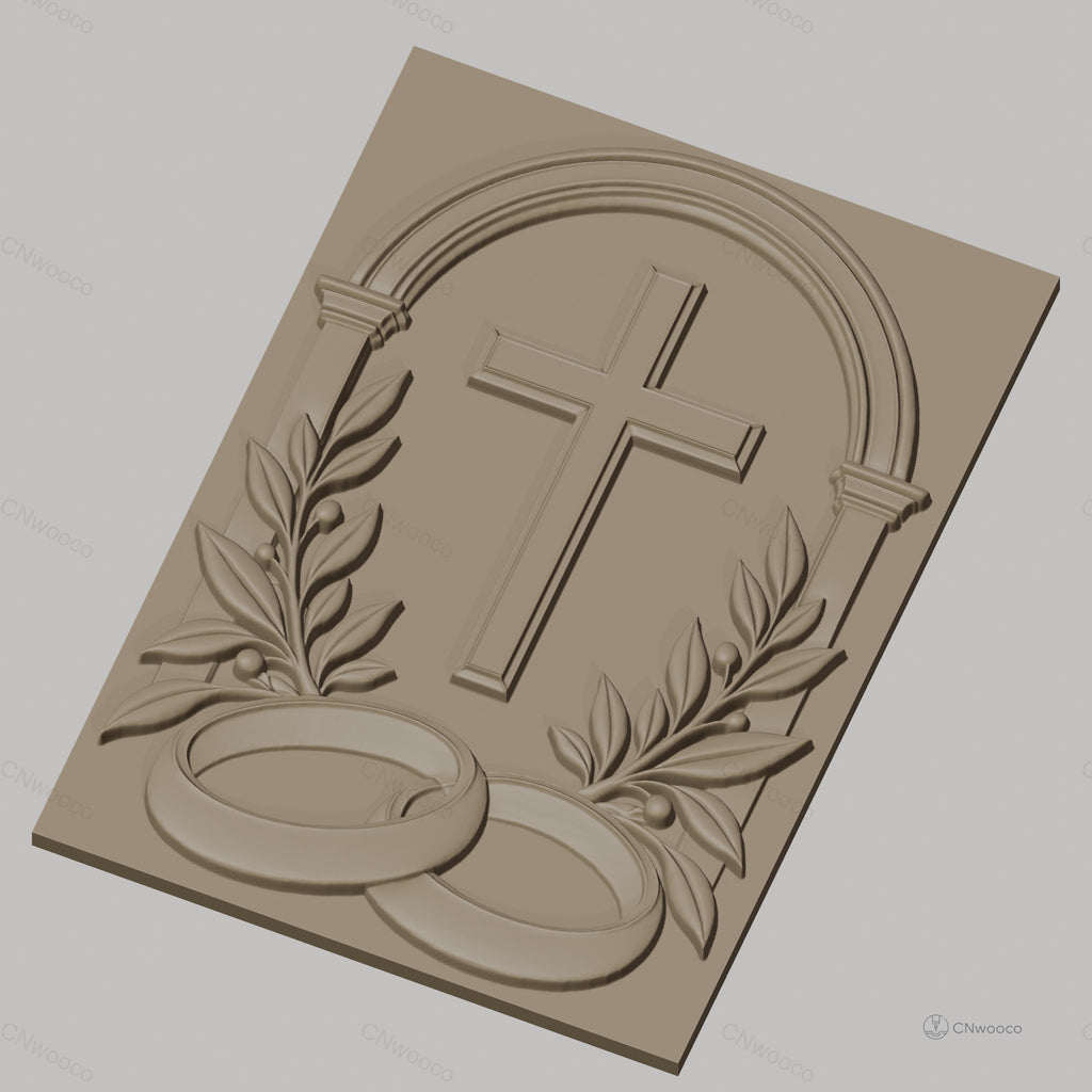 Fichier CNC & impression 3D mariage religieux, croix, alliances et feuilles, haute qualité relief STL
