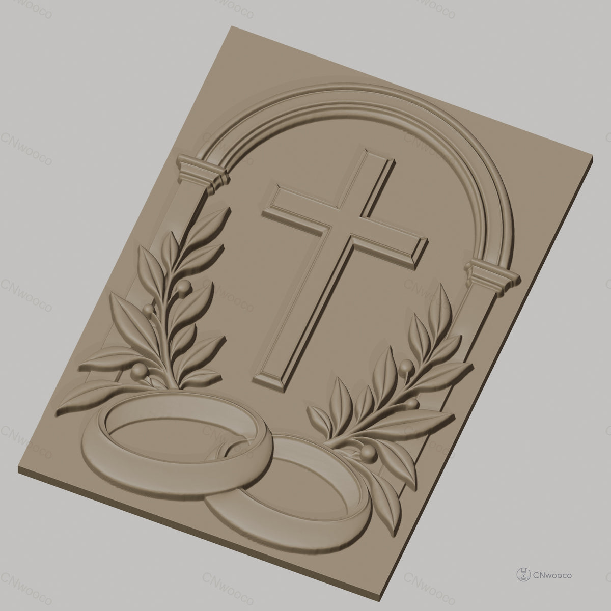 Fichier CNC & impression 3D mariage religieux, croix, alliances et feuilles, haute qualité relief STL