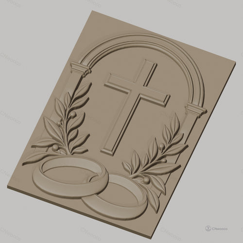 Fichier CNC & impression 3D mariage religieux, croix, alliances et feuilles, haute qualité relief STL