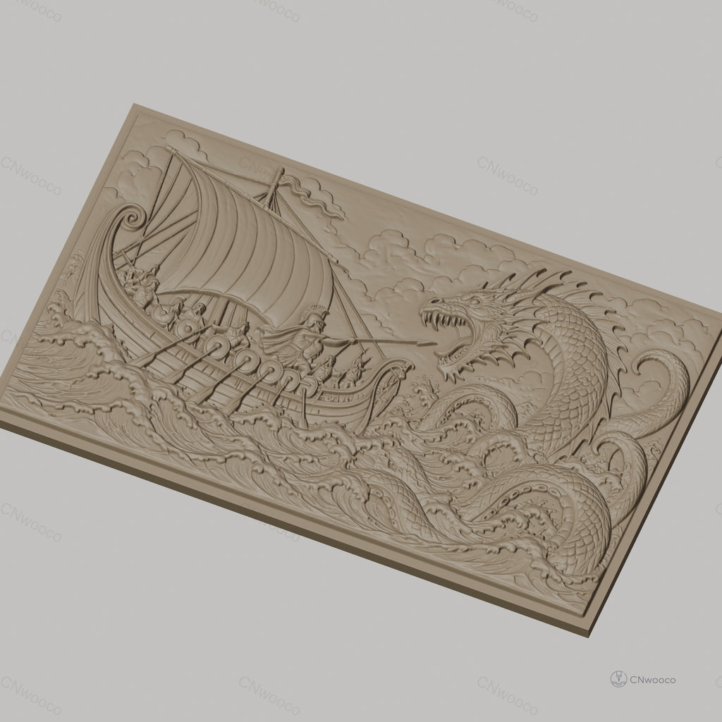 Fichier CNC & impression 3D combat légendaire entre guerriers viking et dragon de mer, haute qualité relief STL