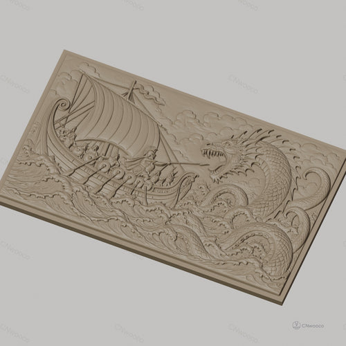 Fichier CNC & impression 3D combat légendaire entre guerriers viking et dragon de mer, haute qualité relief STL