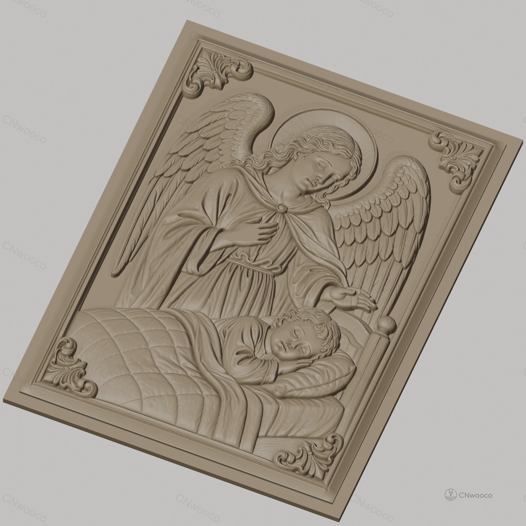 Fichier CNC & impression 3D ange gardien avec enfant, scène religieuse de protection, haute qualité relief STL