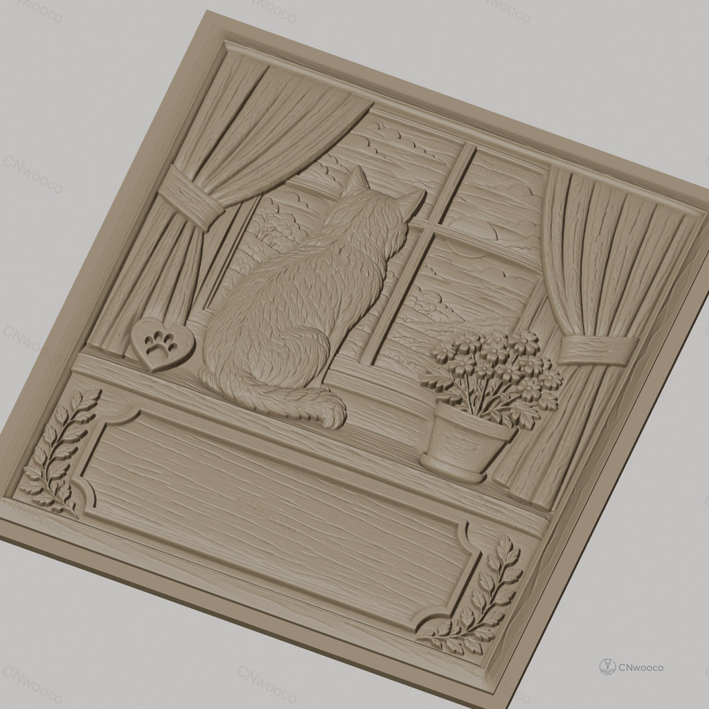 Fichier CNC & impression 3D chat sur rebord de fenêtre, fleurs en pot, paysage montagneux, haute qualité relief STL