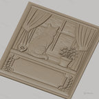 Fichier CNC & impression 3D chat sur rebord de fenêtre, fleurs en pot, paysage montagneux, haute qualité relief STL