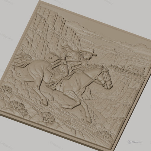 Fichier CNC & impression 3D cavalier western à cheval, paysage canyon et maison, haute qualité relief STL