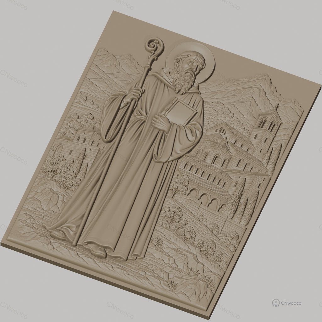 Fichier CNC & impression 3D Saint religieux avec bâton et paysage de montagne, haute qualité relief STL