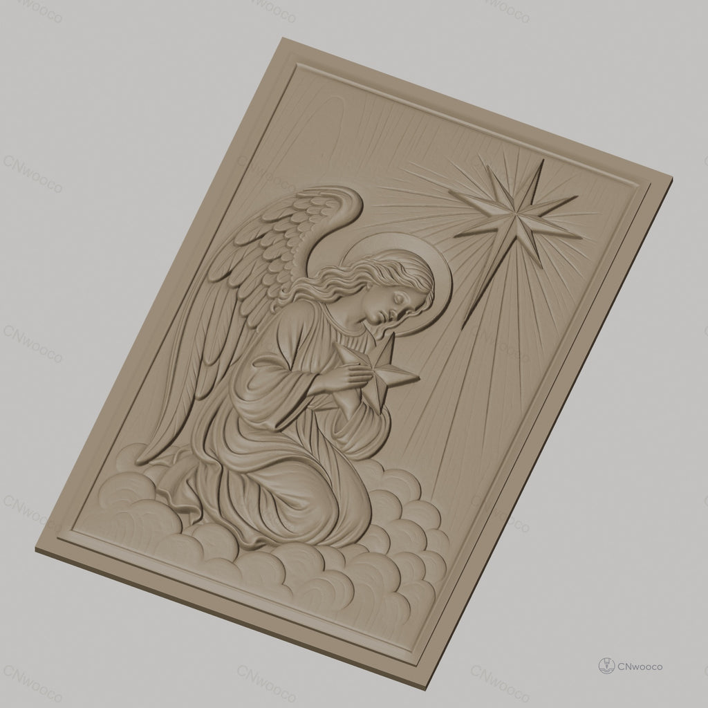 Fichier CNC & impression 3D ange agenouillé, étoile et nuages, haute qualité relief STL