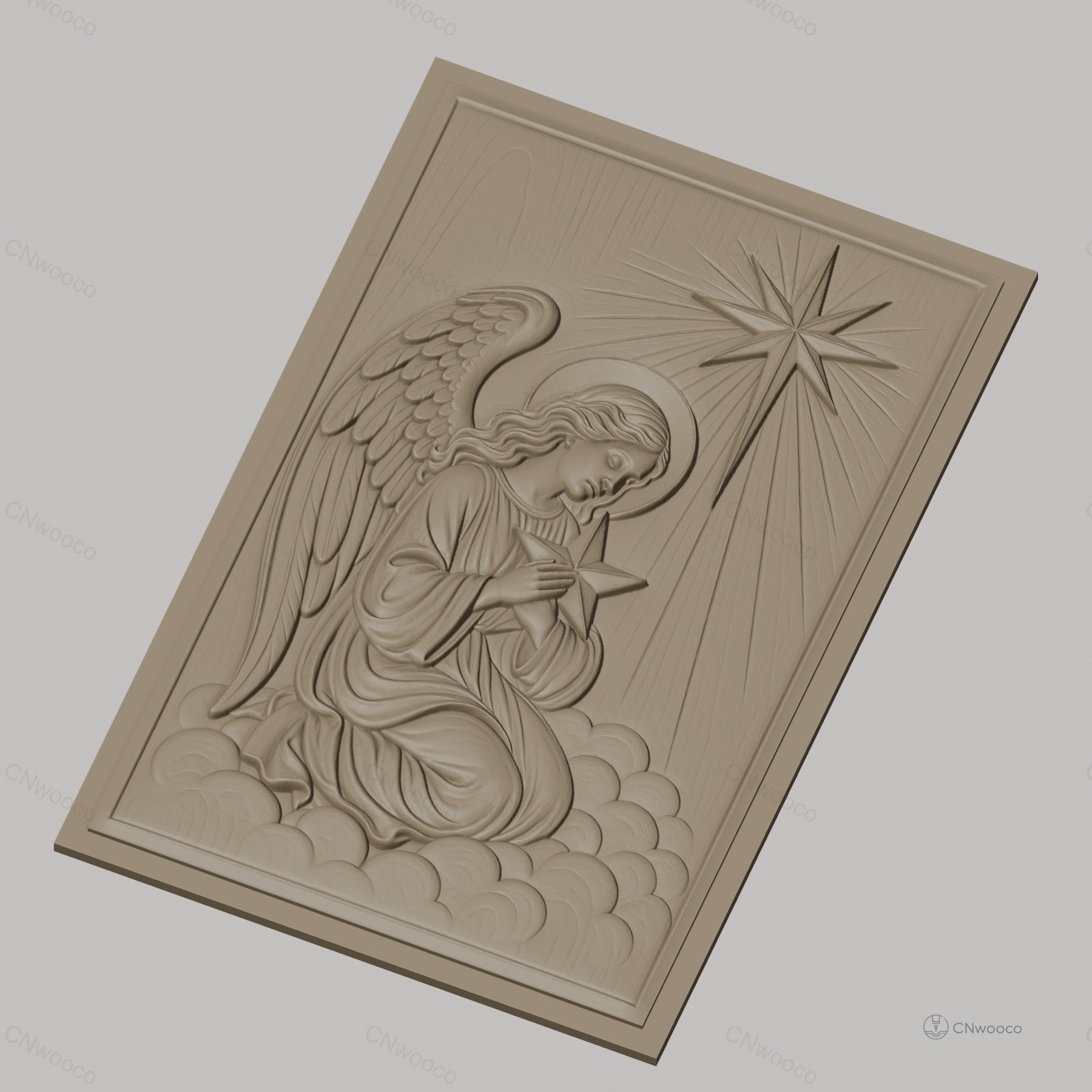 Fichier CNC & impression 3D ange agenouillé, étoile et nuages, haute qualité relief STL