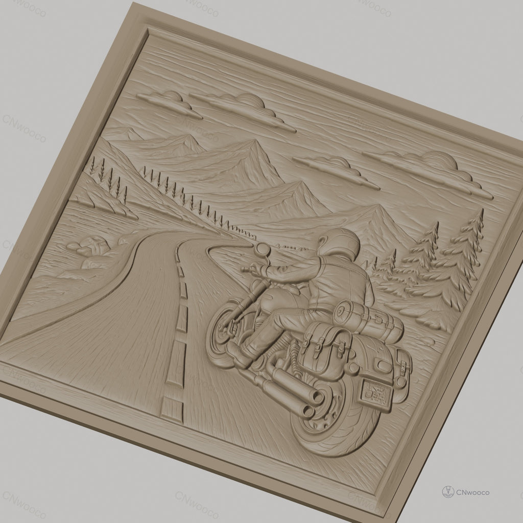 Fichier CNC & impression 3D road trip moto, motard sur route montagne, arbres et ciel, haute qualité relief STL