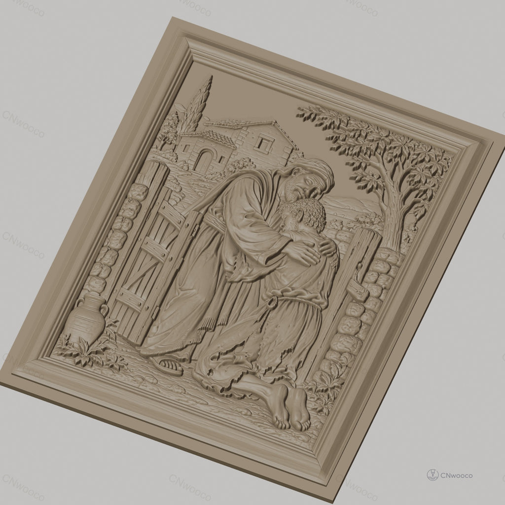 Fichier CNC & impression 3D scène biblique le fils prodigue embrassé, maison et arbre arrière-plan, haute qualité relief STL