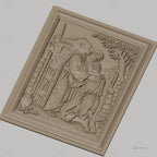 Fichier CNC & impression 3D scène biblique le fils prodigue embrassé, maison et arbre arrière-plan, haute qualité relief STL