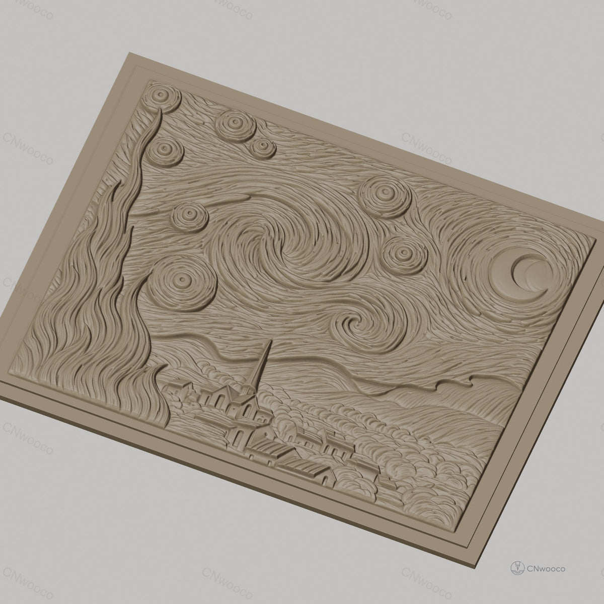 Fichier CNC & impression 3D La Nuit étoilée, village, ciel tourbillonnant haute qualité relief STL