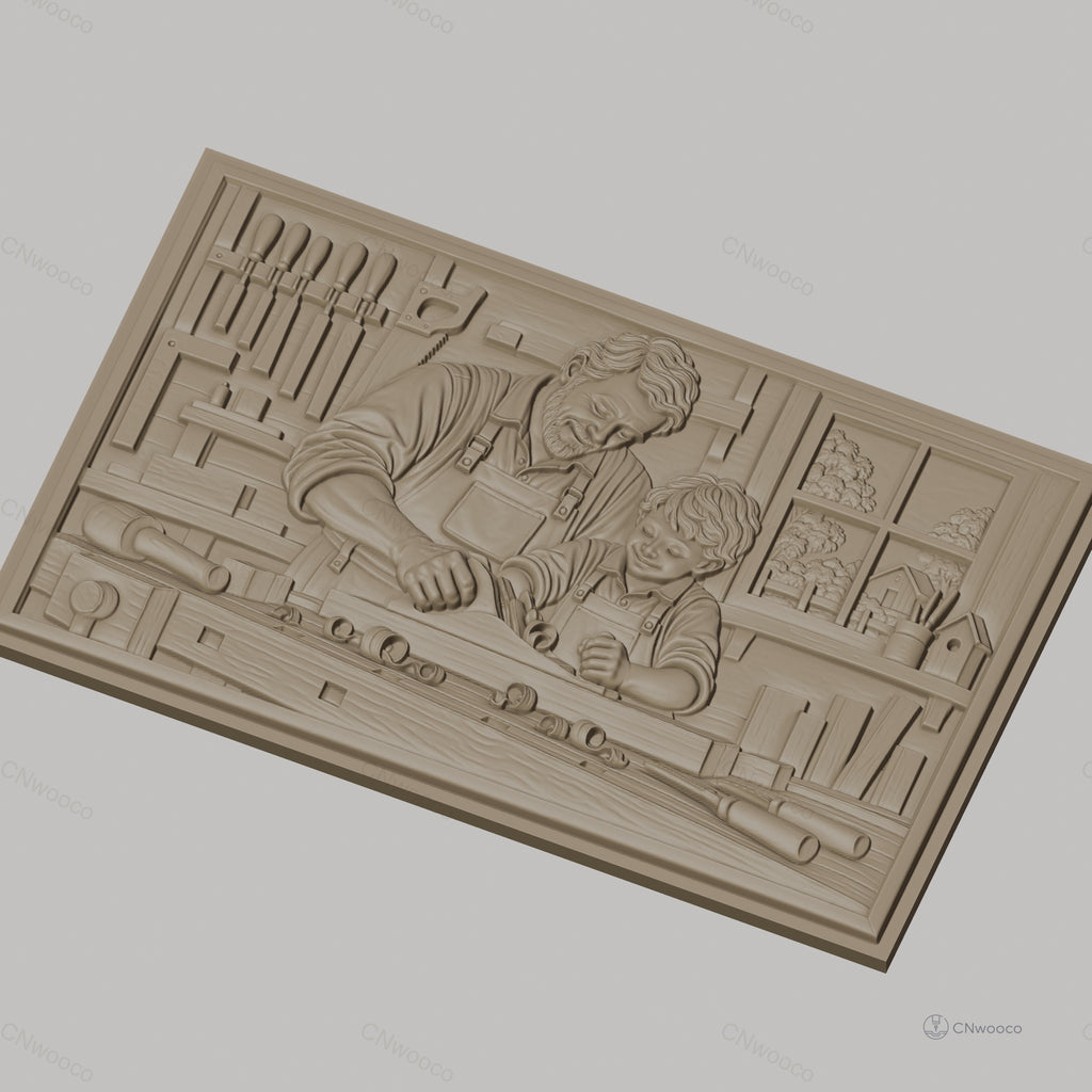 Fichier CNC & impression 3D scène de menuiserie père et fils, atelier avec outils, haute qualité relief STL