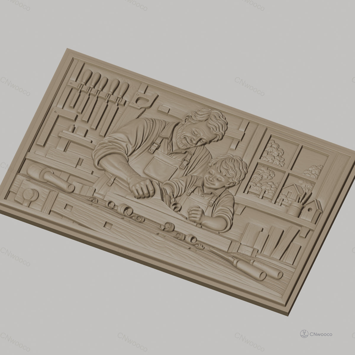 Fichier CNC & impression 3D scène de menuiserie père et fils, atelier avec outils, haute qualité relief STL