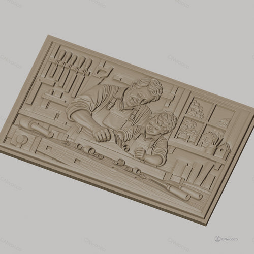 Fichier CNC & impression 3D scène de menuiserie père et fils, atelier avec outils, haute qualité relief STL
