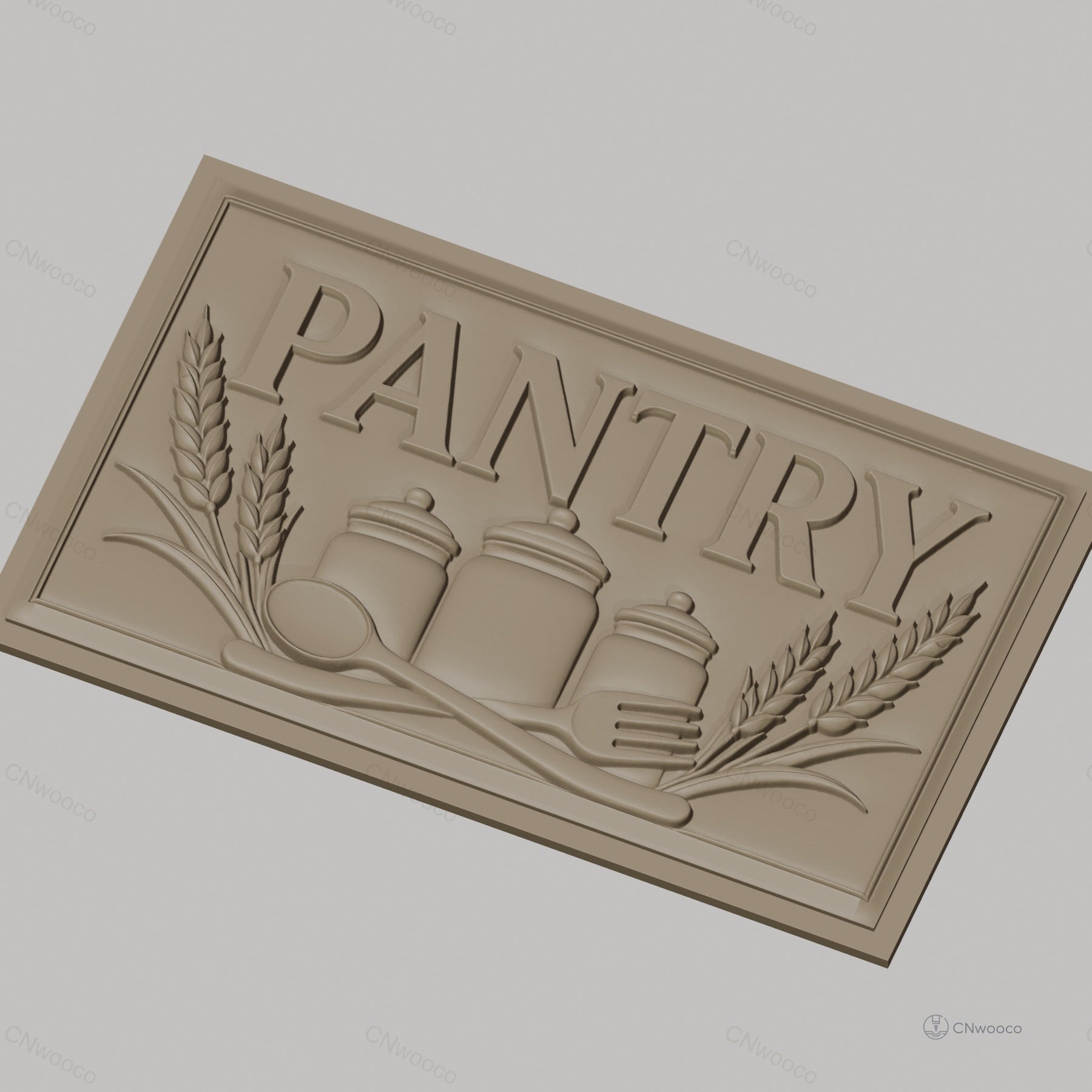 Fichier CNC & impression 3D panneau pantry, bocaux, couverts et épis de blé, haute qualité relief STL