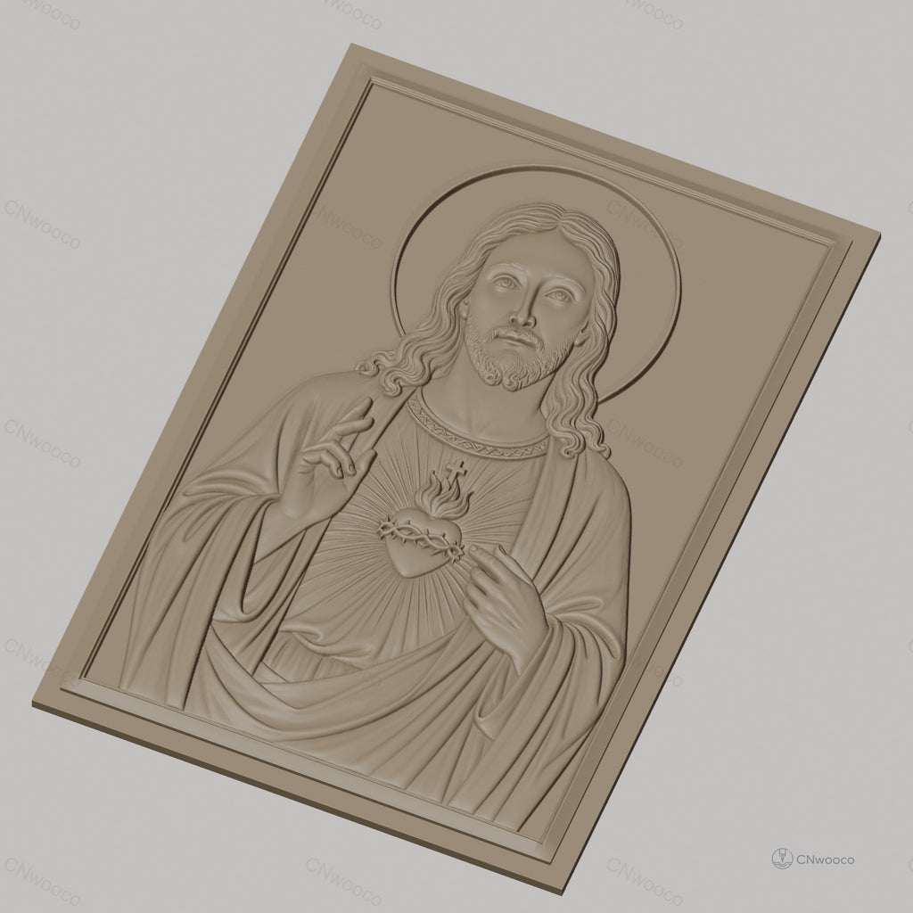 Fichier CNC & impression 3D Sacré-Cœur de Jésus, portrait religieux avec auréole et mains bénissantes, haute qualité relief STL
