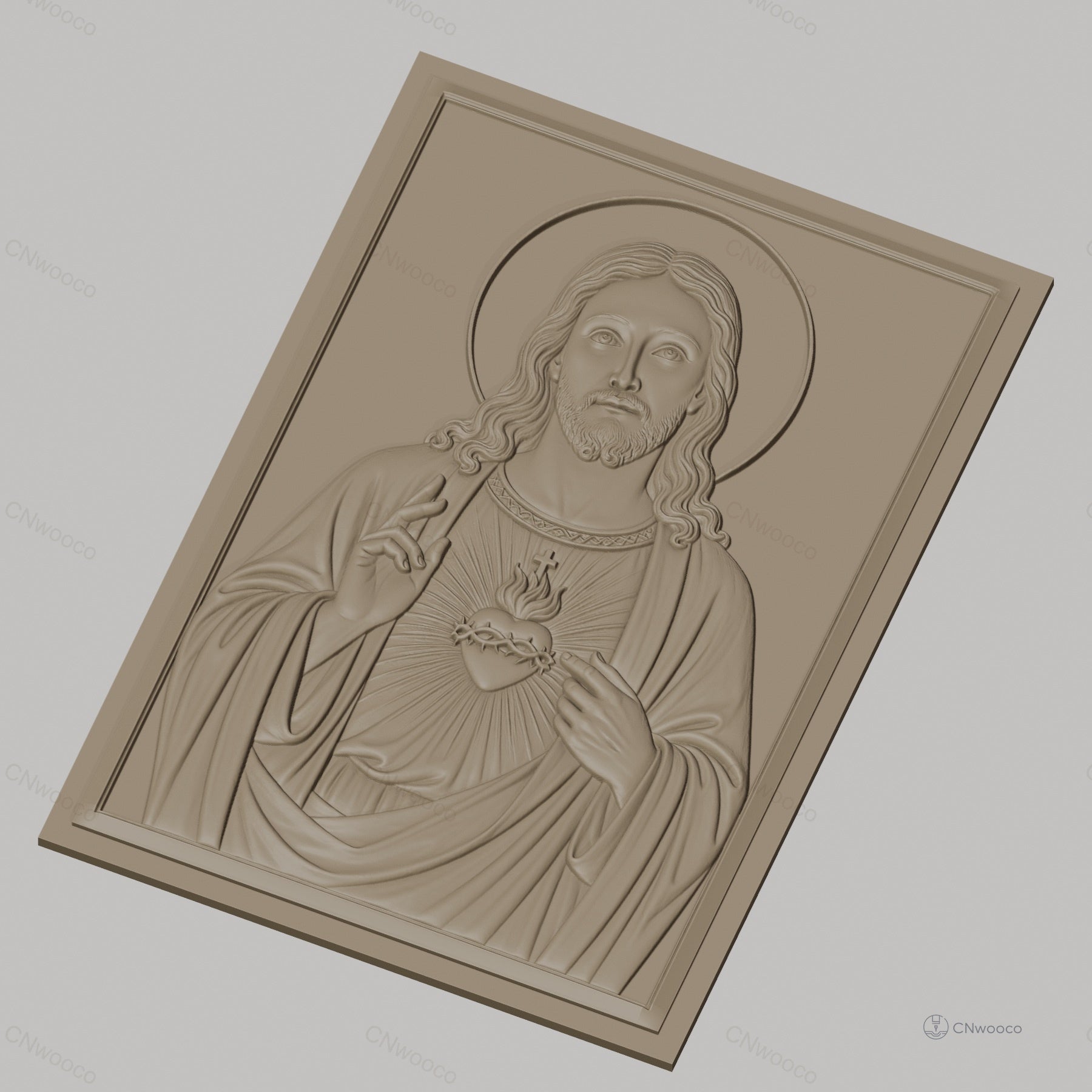 Fichier CNC & impression 3D Sacré-Cœur de Jésus, portrait religieux avec auréole et mains bénissantes, haute qualité relief STL