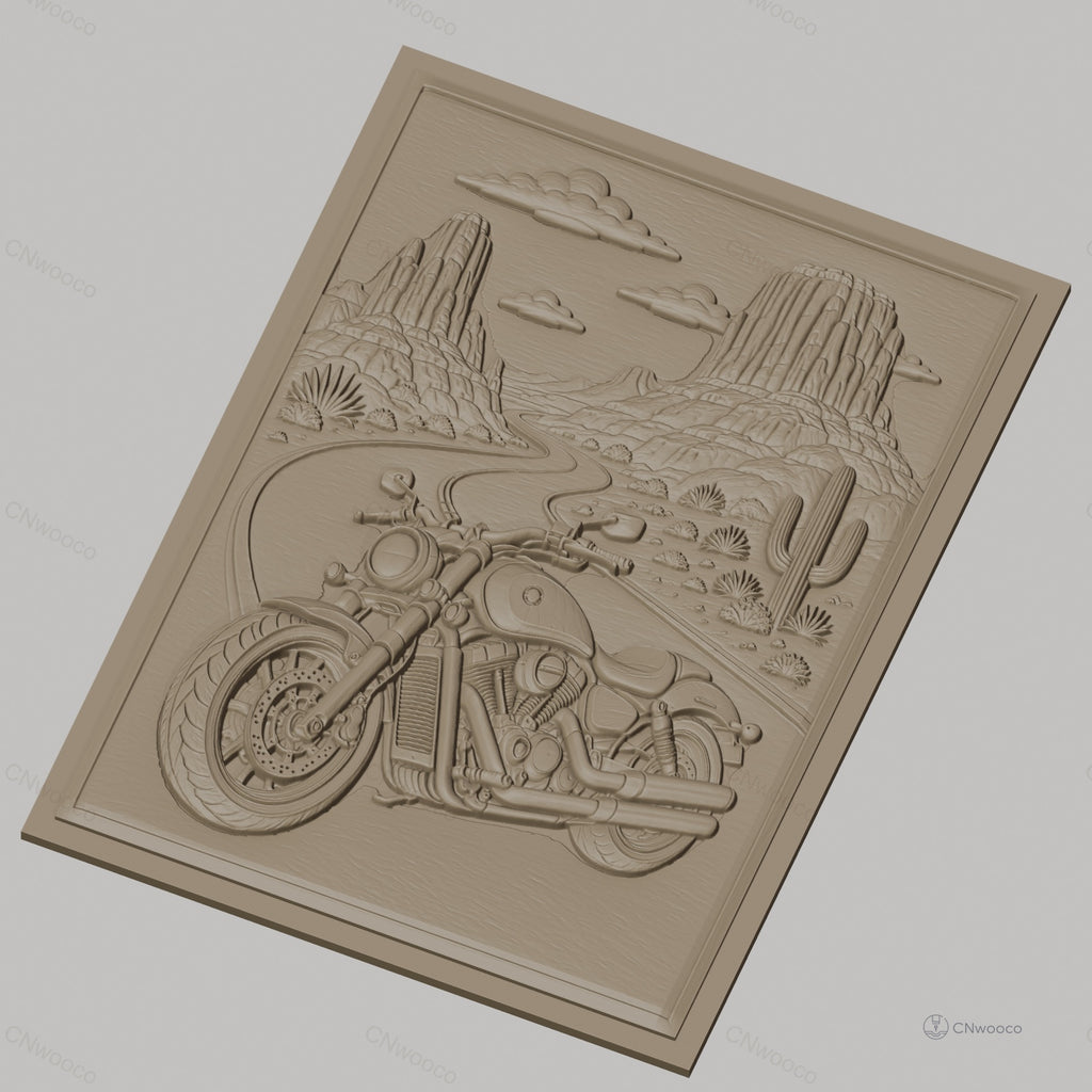 Fichier CNC & impression 3D moto sur route désertique, relief paysage cactus haute qualité relief STL