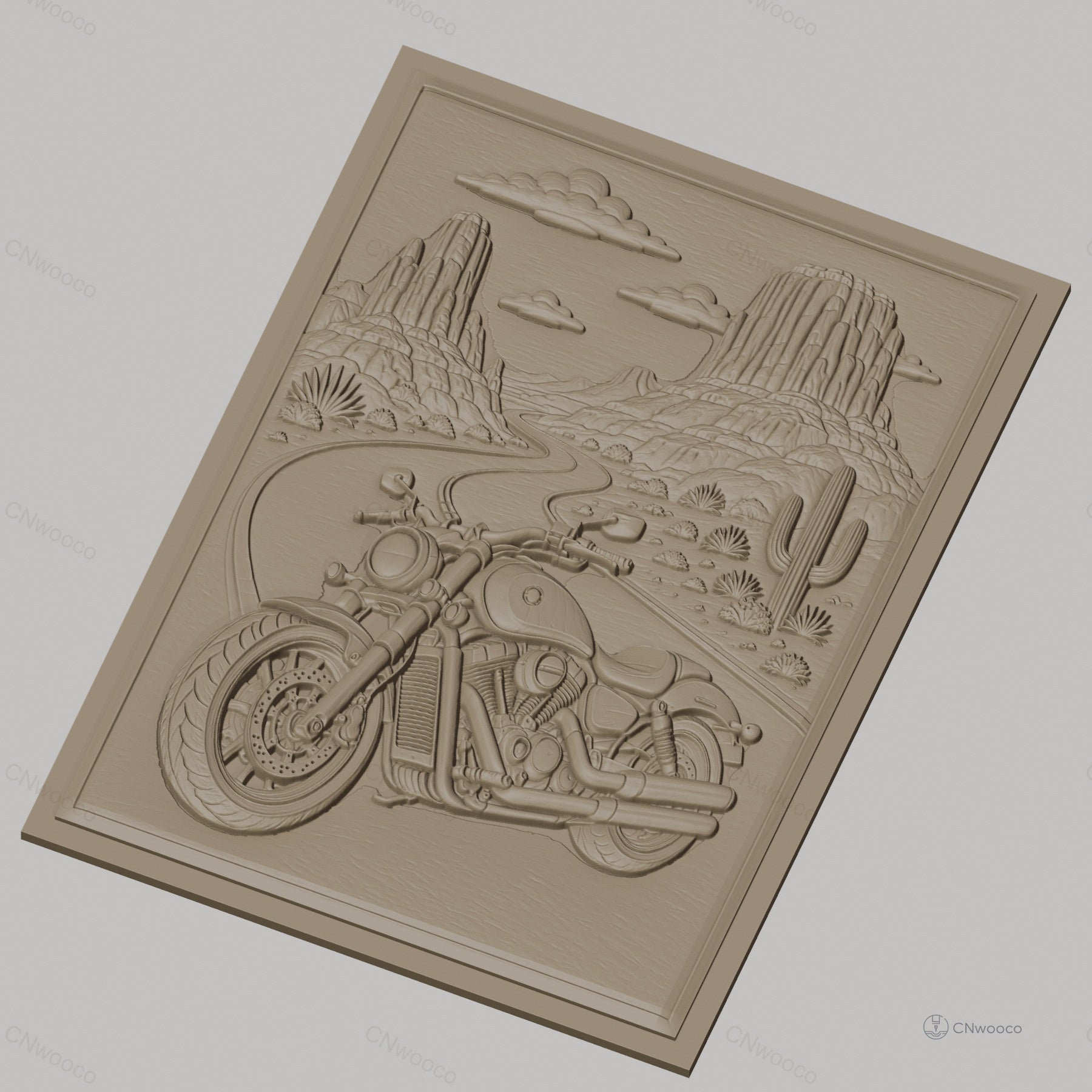 Fichier CNC & impression 3D moto sur route désertique, relief paysage cactus haute qualité relief STL