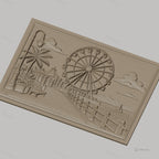 Fichier CNC & impression 3D paysage promenade avec grande roue, banc, lampadaire, haute qualité relief STL
