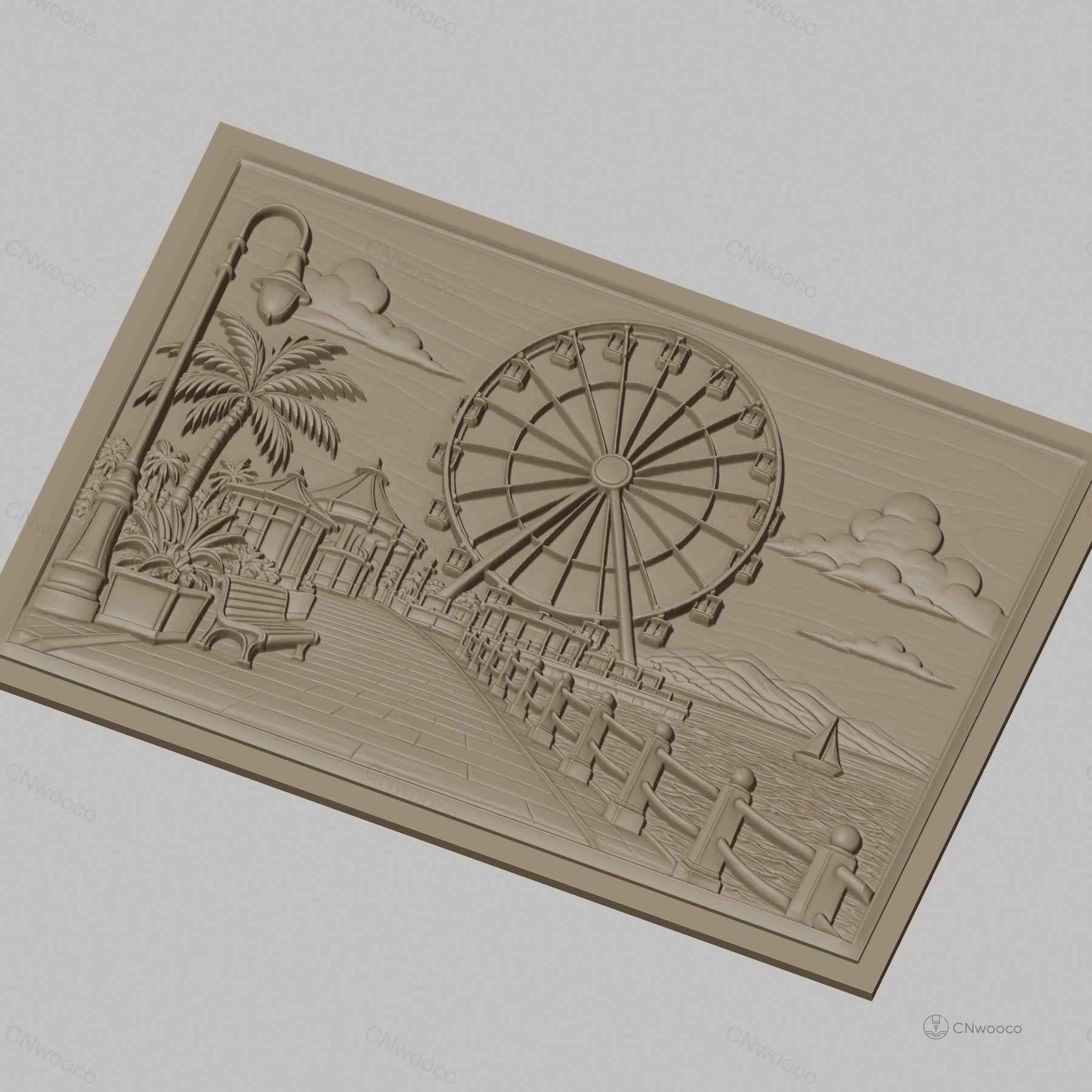 Fichier CNC & impression 3D paysage promenade avec grande roue, banc, lampadaire, haute qualité relief STL