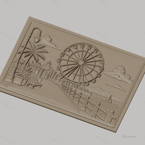 Fichier CNC & impression 3D paysage promenade avec grande roue, banc, lampadaire, haute qualité relief STL